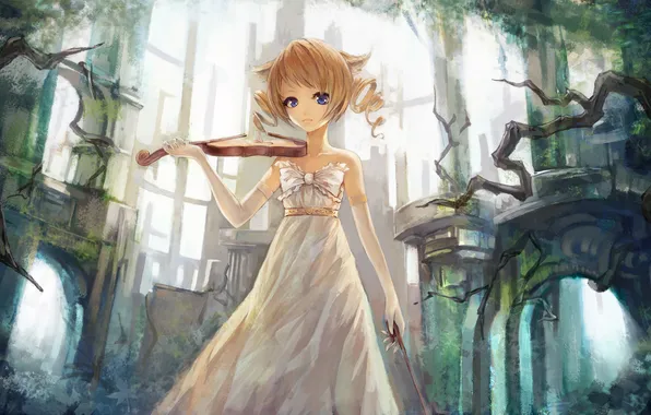 Девушка, деревья, природа, скрипка, аниме, арт, руины, qghy