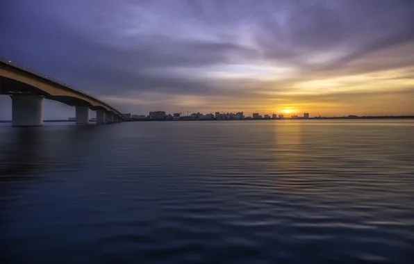 Закат, мост, город, Sarasota