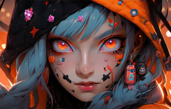 Картинка блёстки, digital art, оранжевые глаза, цифровое искусство, лицо девушки, женский портрет, ИИ арт, Нейросети