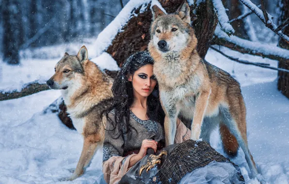 Картинка зима, лес, взгляд, девушка, снег, платье, брюнетка, волки