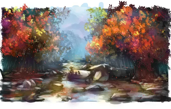 Картинка лес, вода, деревья, река, камни, рыбалка, арт