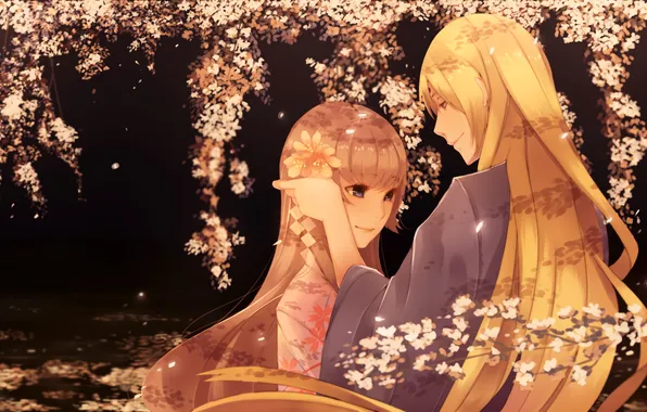 Картинка девушка, деревья, цветы, сакура, арт, парень, кимоно, orichie