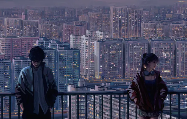 City, woman, men, balcony