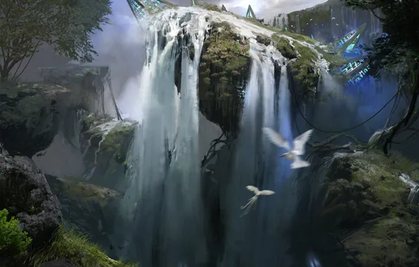Картинка птицы, природа, фантастика, водопад, арт