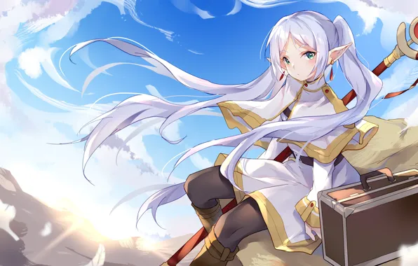 Небо, девушка, посох, чемодан, эльфийка, Sousou no Frieren, Frieren