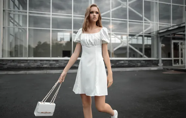 Girl, dress, beautiful, model, cute, long-haired, handbag