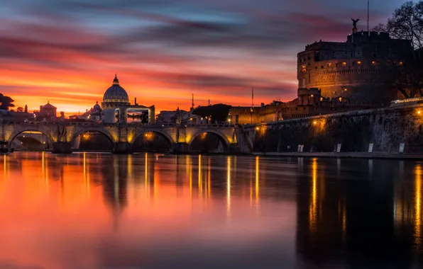 Закат, мост, город, здания, вечер, освещение, Рим, Италия