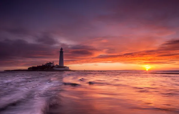 Море, закат, маяк, England, United Kingdom, Whitley Bay