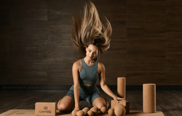 Women, blonde, smiling, cardboard, sportswear, Anton Rostovskiy