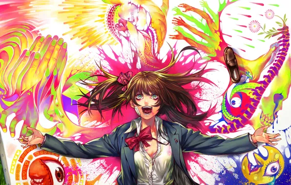 Картинка яркие краски, девушка, жест, крик, art, shikihara mitabi
