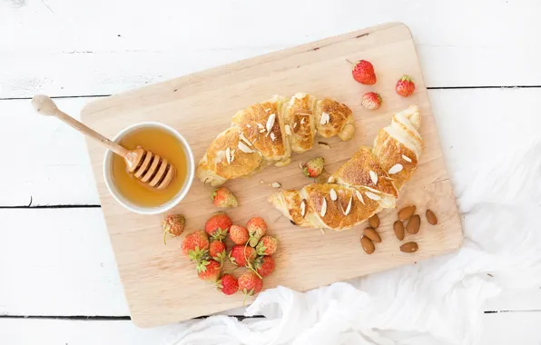 Картинка ягоды, завтрак, клубника, мед, strawberry, breakfast, круассан, croissants