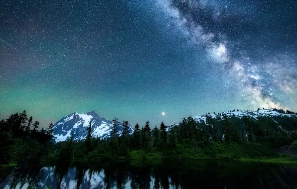 Лес, небо, звезды, снег, горы, ночь, озеро, берег
