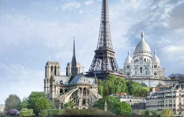 Картинка Париж, Paris, France, памятники, eiffel tower, достопрительности, Notre dame de Paris