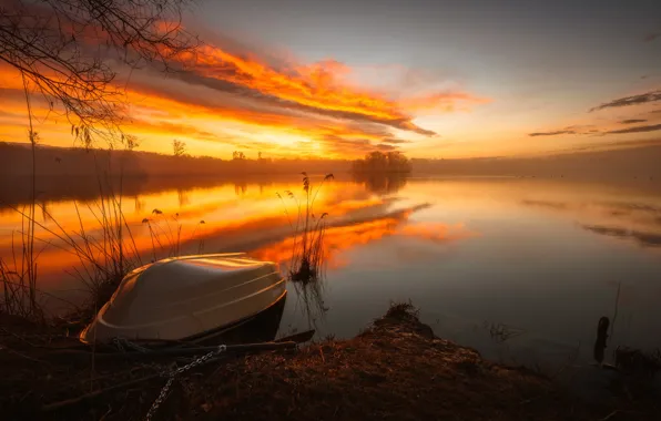 Картинка закат, природа, озеро, лодка