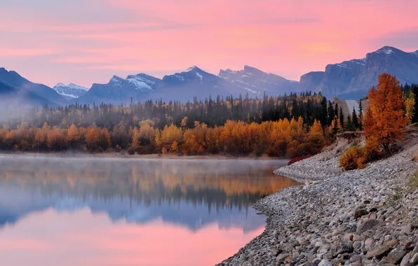 Картинка осень, лес, озеро, Alberta, Canada, National park