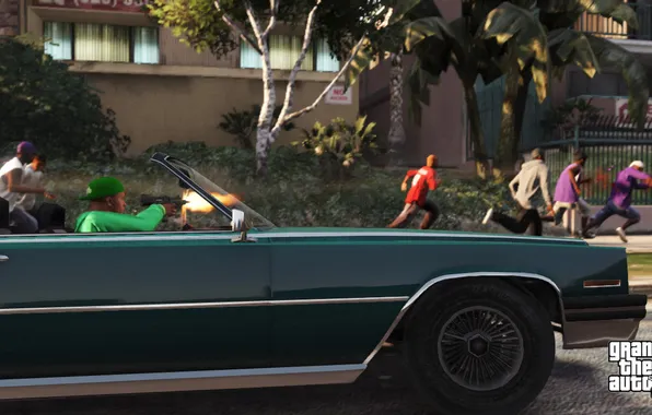 Картинка машина, улица, банды, Grand Theft Auto V, Франклин, Grove Street, Ballas, Screenshots