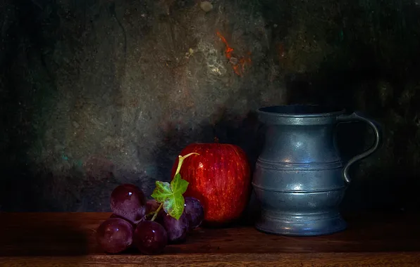 Яблоко, гроздь, кувшин, натюрморт, Juicy grapes