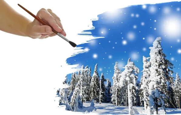 Картинка зима, лес, снег, кисть, ёлки