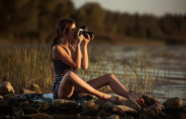 Forest, shorts, river, sky, hot girl, trees, nature, sunset