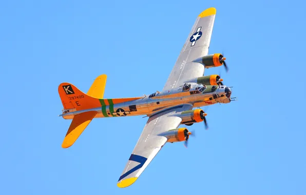 Картинка небо, полет, самолет, цвет, бомбардировщик, Боинг, B-17, летающая крепость