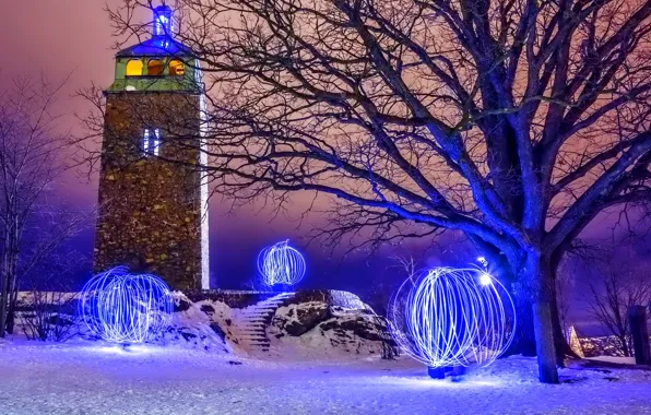 Картинка зима, деревья, ночь, город, огни, башня