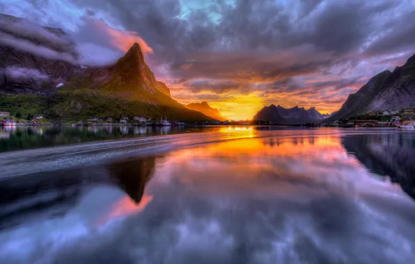 Картинка море, волны, вода, облака, закат, горы, Норвегия, Norway
