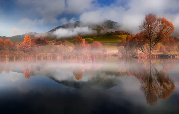 Осень, лес, небо, облака, деревья, горы, природа, туман
