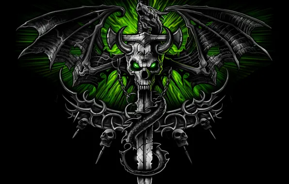 Картинка skull, sword, wings, dragon, skeleton