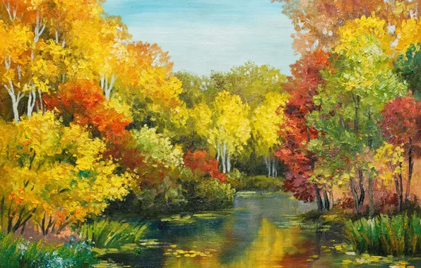 Картинка осень, деревья, река, поток, окрас, время года