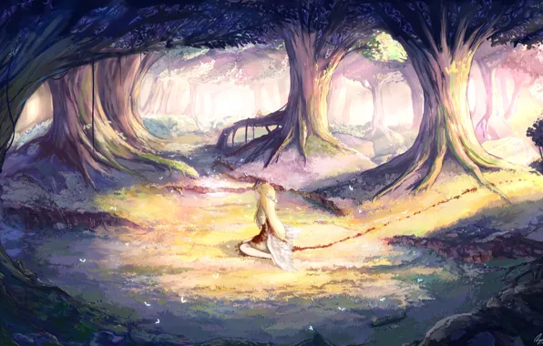 Картинка лес, девушка, деревья, природа, кровь, крылья, ангел, аниме
