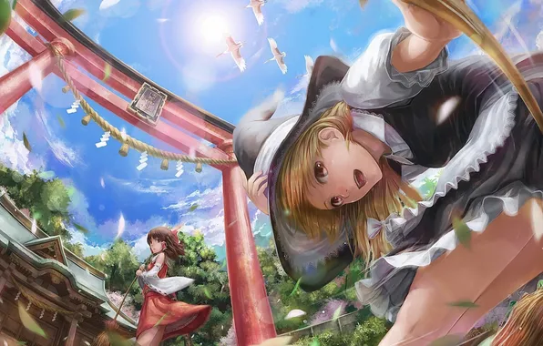 Девушки, ветер, шляпа, арт, ведьма, метла, врата, touhou