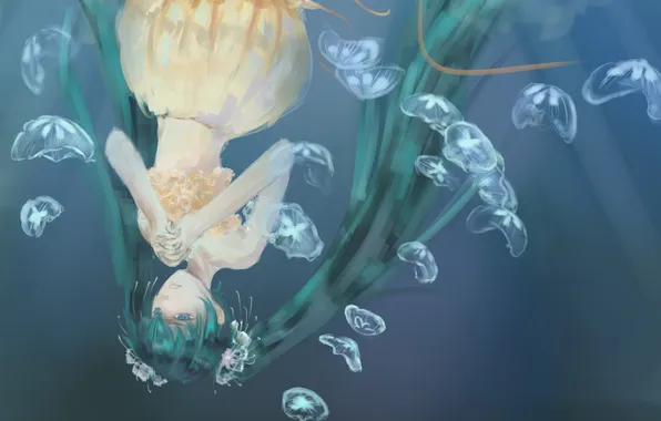 Вода, девушка, медузы, vocaloid, hatsune miku, зеленые волосы