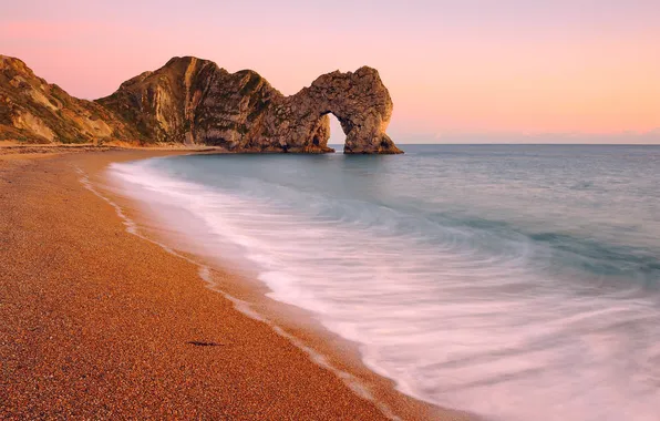 Картинка пляж, скалы, вечер, арка, Юрское побережье, Durdle Door, юг Англии