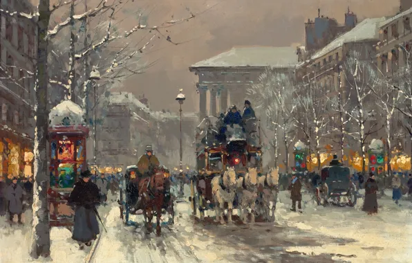Картинка зима, Париж, winter scene in Paris 1930's, Edouard Cortes