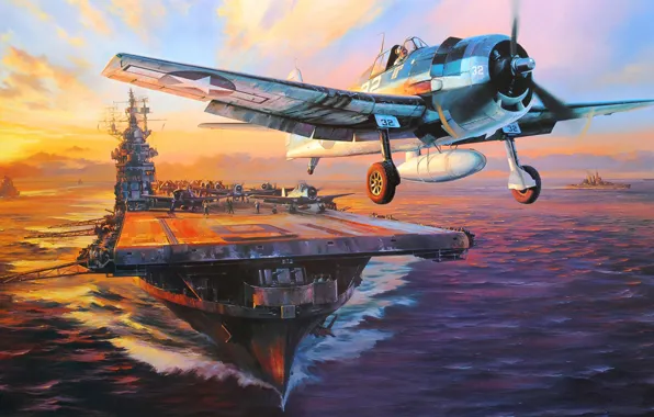 Картинка war, art, airplane, painting, Nicolas Trudgian, ww2, carrier, F6F Hellcat