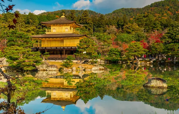 Осень, пруд, отражение, Япония, сад, храм, Japan, Kyoto