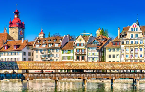 Картинка мост, река, здания, дома, Швейцария, Switzerland, Люцерн, Lucerne