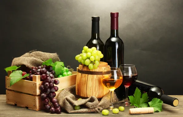 Картинка листья, стол, вино, красное, белое, виноград, бутылки, ящик