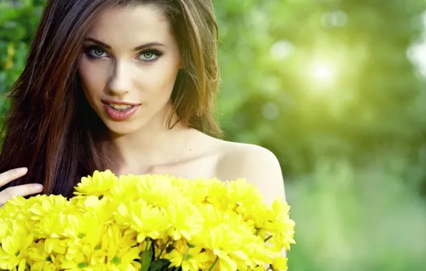 Green, girl, flower, green eyes, yellow, face, brunette, Woman