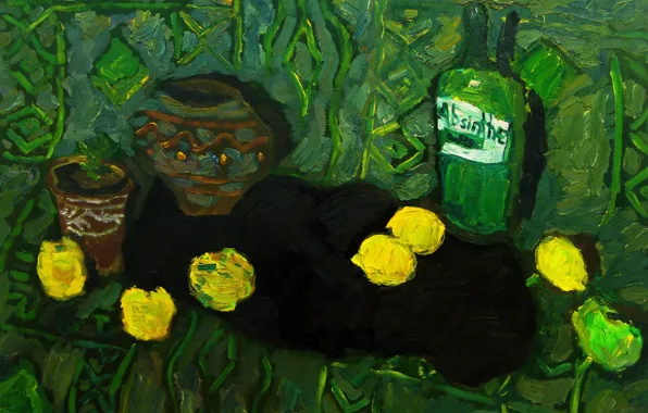 Яблоки, 2008, натюрморт, лимоны, абсент, Петяев