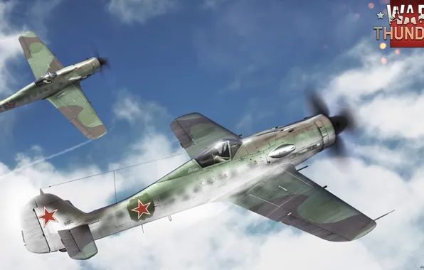 Небо, облака, истребитель, Арт, поршневой, War Thunder, Fw.190D, ВВС Германии