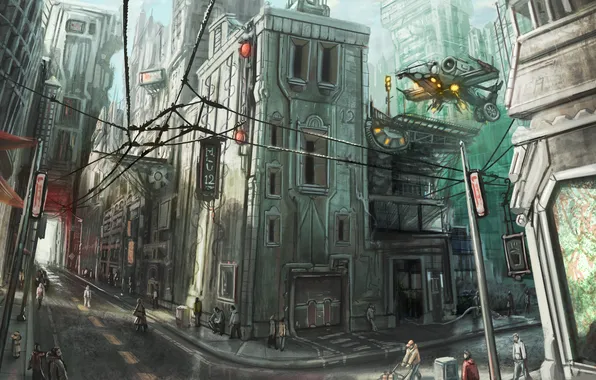 Картинка город, будущее, люди, улица, провода, корабль