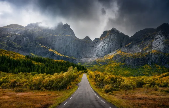 Дорога, осень, лес, горы, тучи, шоссе