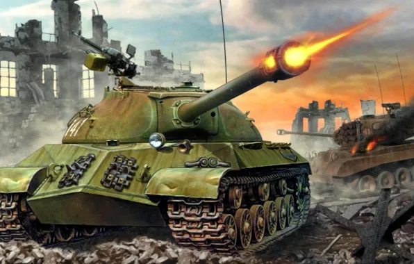 Картинка война, выстрел, танк, руины, ИС-3
