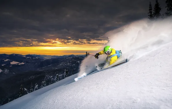 Картинка снег, горы, спуск, лыжник