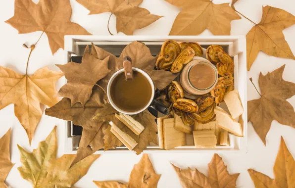 Картинка осень, листья, фон, дерево, кофе, colorful, печенье, чашка