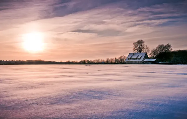 Картинка зима, небо, солнце, облака, снег, деревья, природа, дом