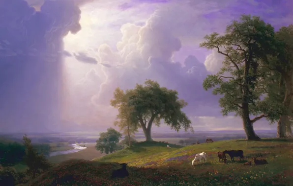 Картинка деревья, пейзаж, тучи, река, картина, Альберт Бирштадт, Весна в Калифорнии