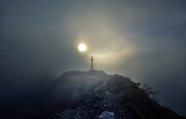 Картинка горы, туман, высота, солнечный свет