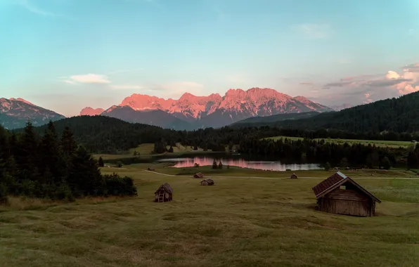 Картинка поле, пейзаж, горы, домики